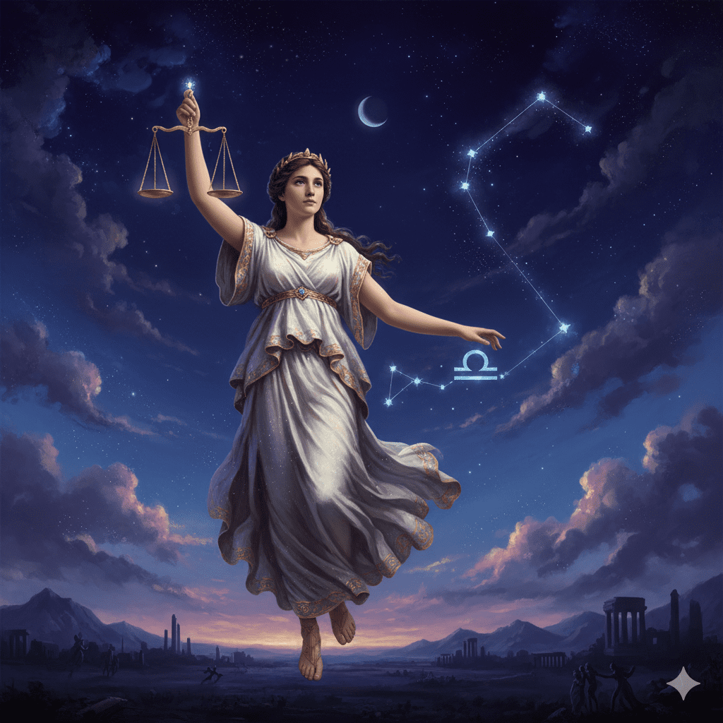 Astrea con la balanza y la constelación de Virgo